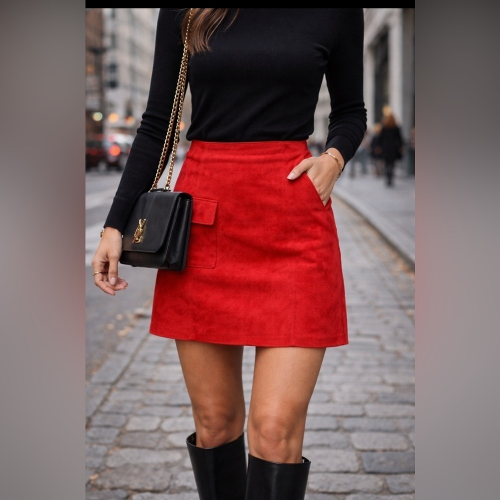Worth Red Suede Mini Skirt Size 14 | Pocket Detail | Fall Winter